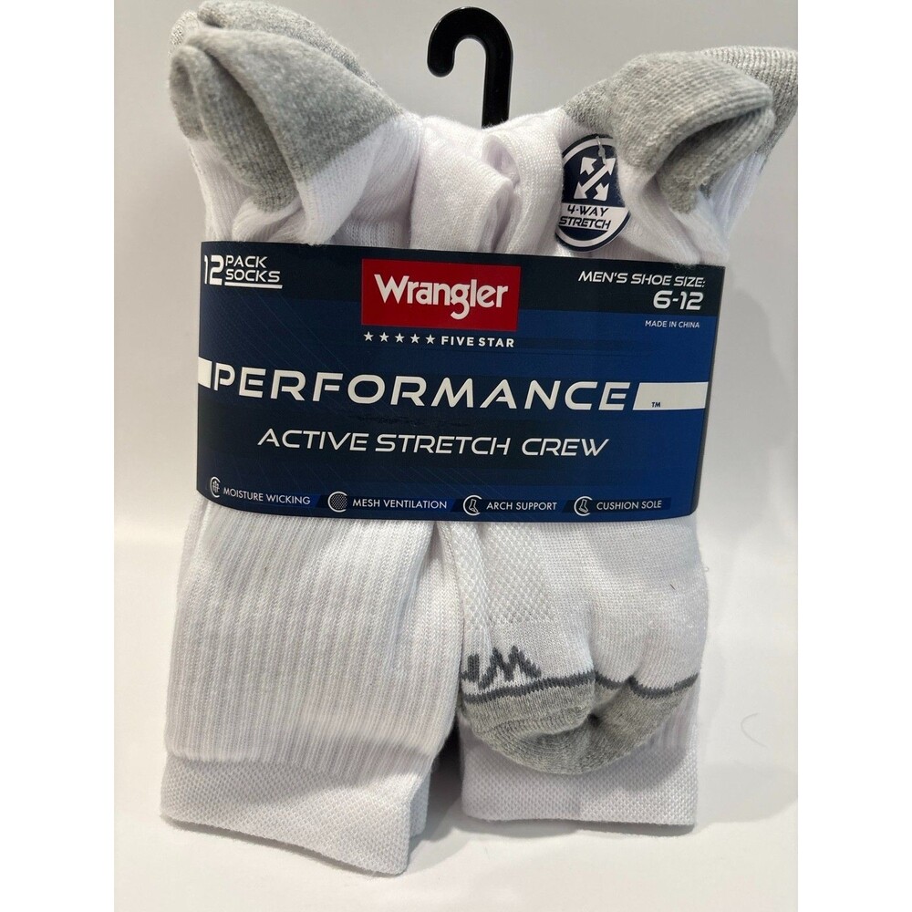 Wrangler Performance Active Stretch Crew Socks 12 Pack White Gray Men's 6-12 NWT